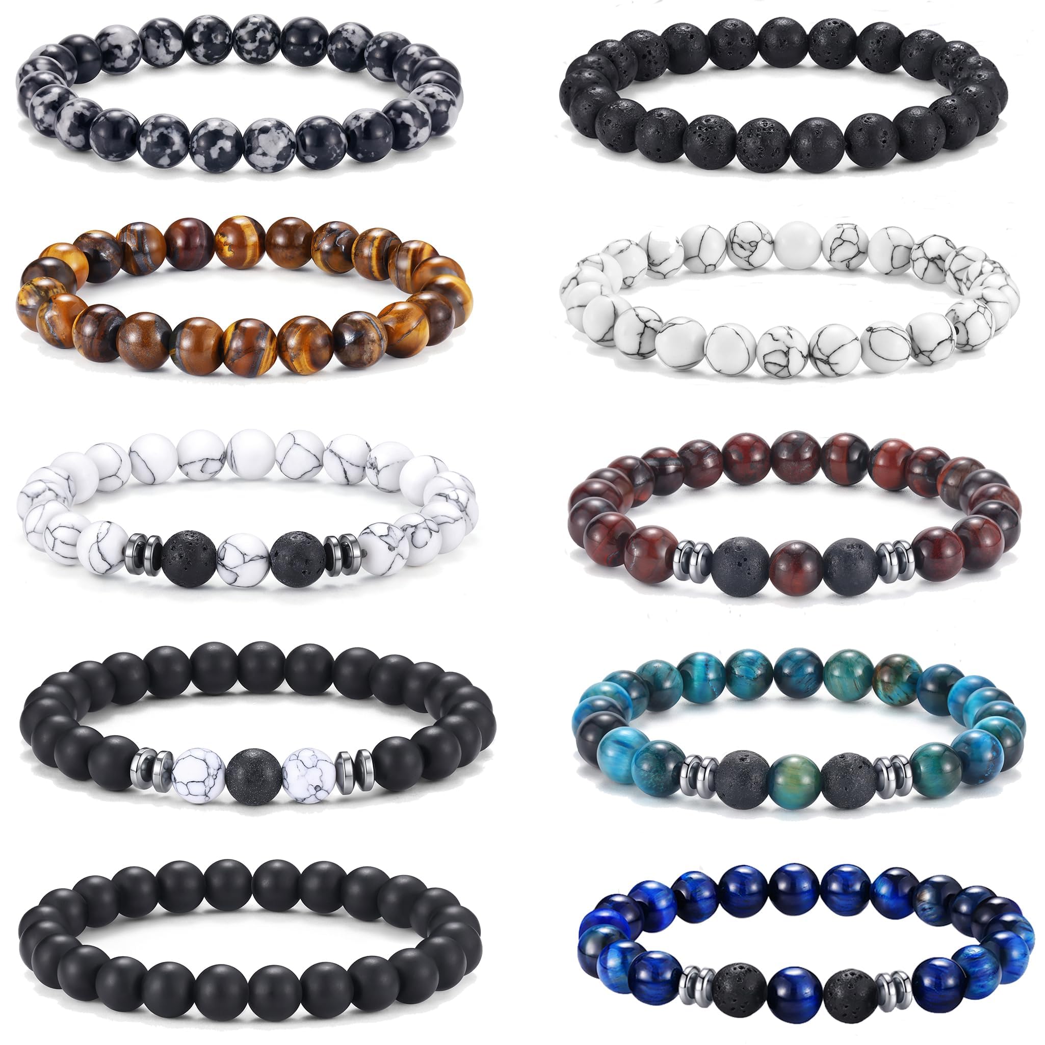 FIRAZIO 10 Pcs Tiger Eye Bracelet For Men 8MM Natural Stone Beads Bracelet Set Stretch Lava Rock Bracelets Adjustable Black Crystal Beaded Bracelet for Men Women Gifts