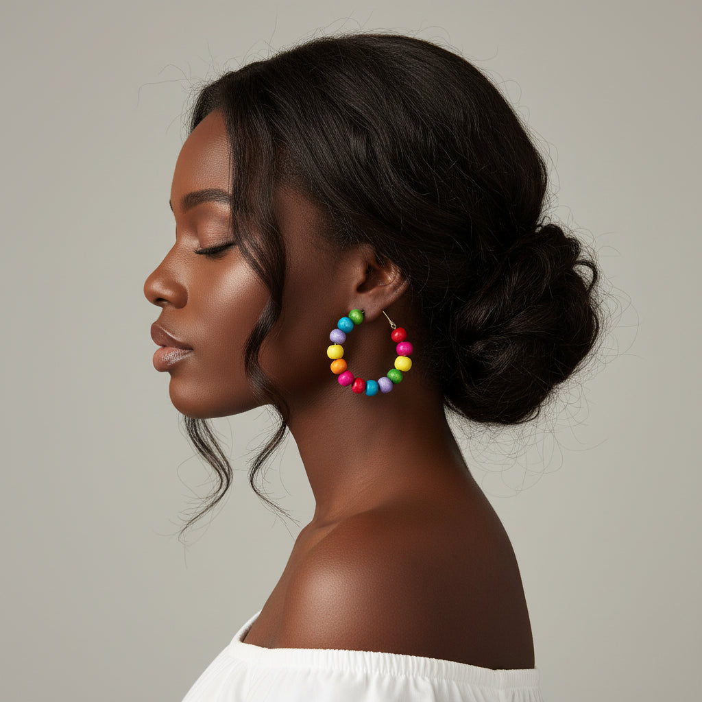 Handmade Nature Wooden Beaded Hoop Earrings Bohemian Minimalist Colorful Circle Round Wood Bead Earrings Vintage Chic Wooden Ethnic Dangle Drop Earrings for Women Statement Jewelry Gifts