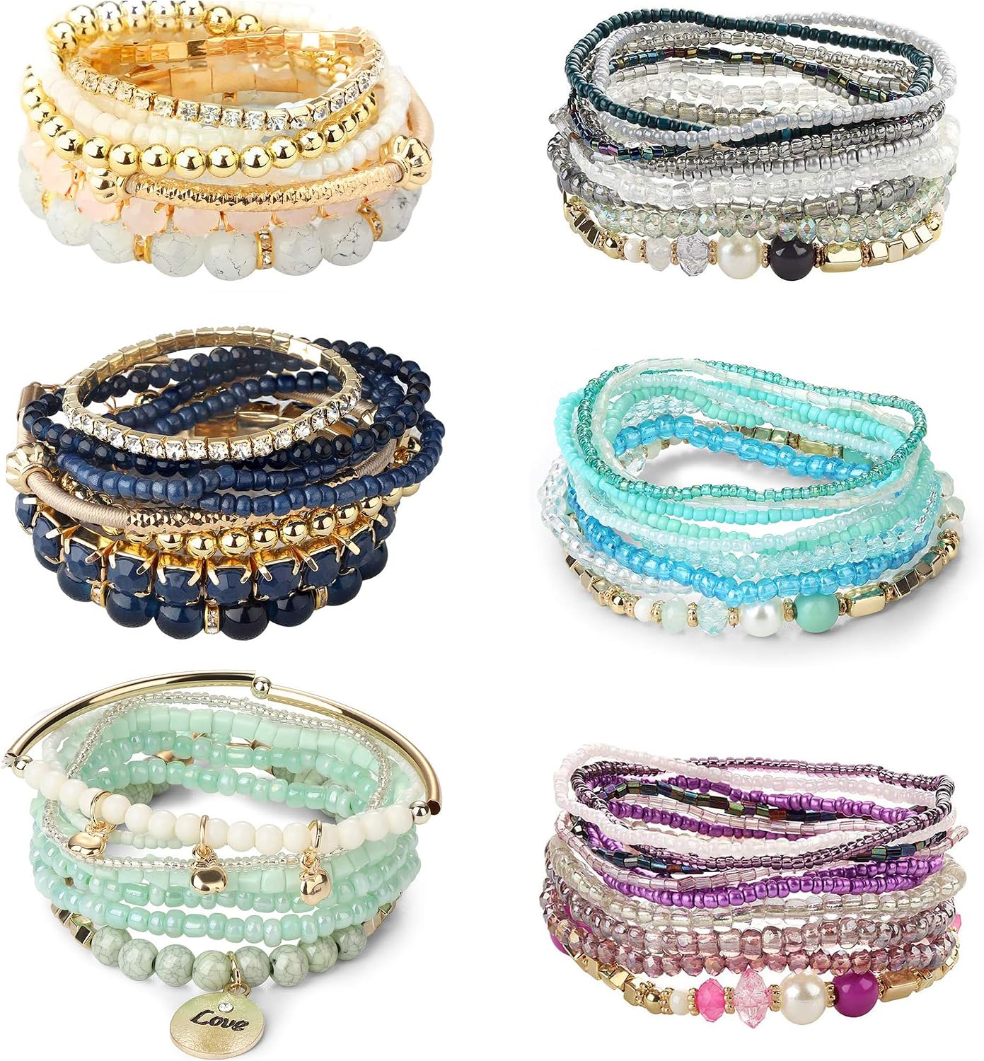 LOYALLOOK 6 Sets Bohemian Stackable Bead Bracelets for Women Stretch Bohemian Style Stretch Multilayered Boho Bracelet Set