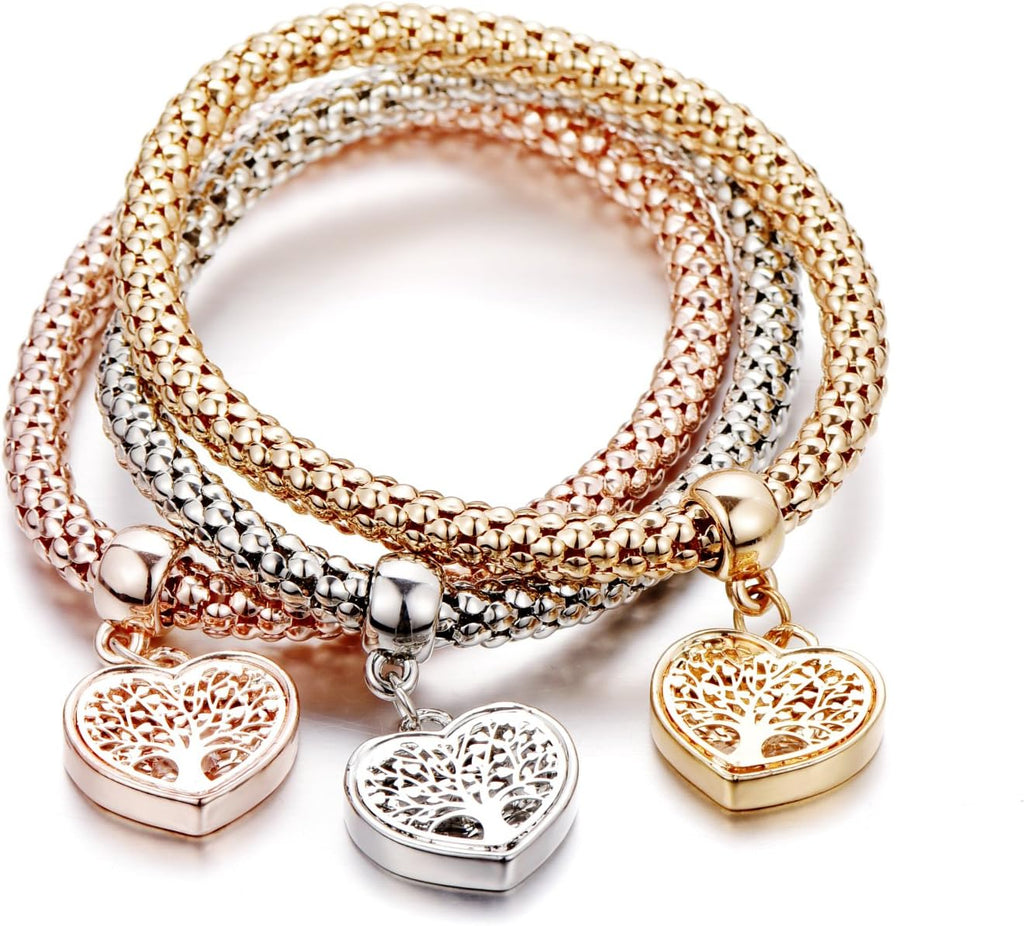 SILANER Crystal Charms Multilayer Bracelets - 3PCS Gold/Silver/Rose Gold Corn Chain Bracelet for Women, Tree of Life Heart Shaped Stretch Bracelet