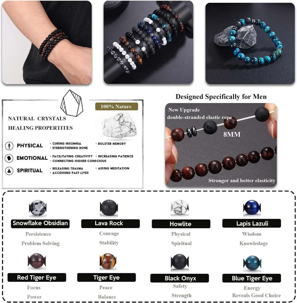 FIRAZIO 10 Pcs Tiger Eye Bracelet For Men 8MM Natural Stone Beads Bracelet Set Stretch Lava Rock Bracelets Adjustable Black Crystal Beaded Bracelet for Men Women Gifts