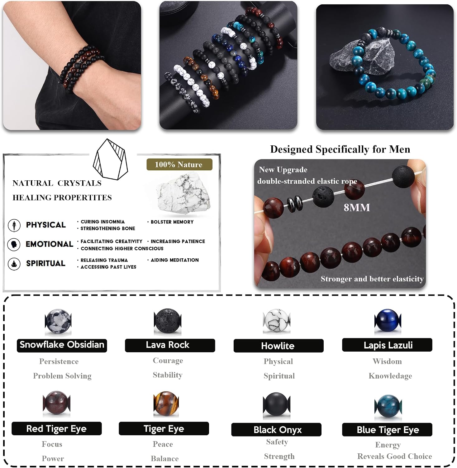 FIRAZIO 10 Pcs Tiger Eye Bracelet For Men 8MM Natural Stone Beads Bracelet Set Stretch Lava Rock Bracelets Adjustable Black Crystal Beaded Bracelet for Men Women Gifts