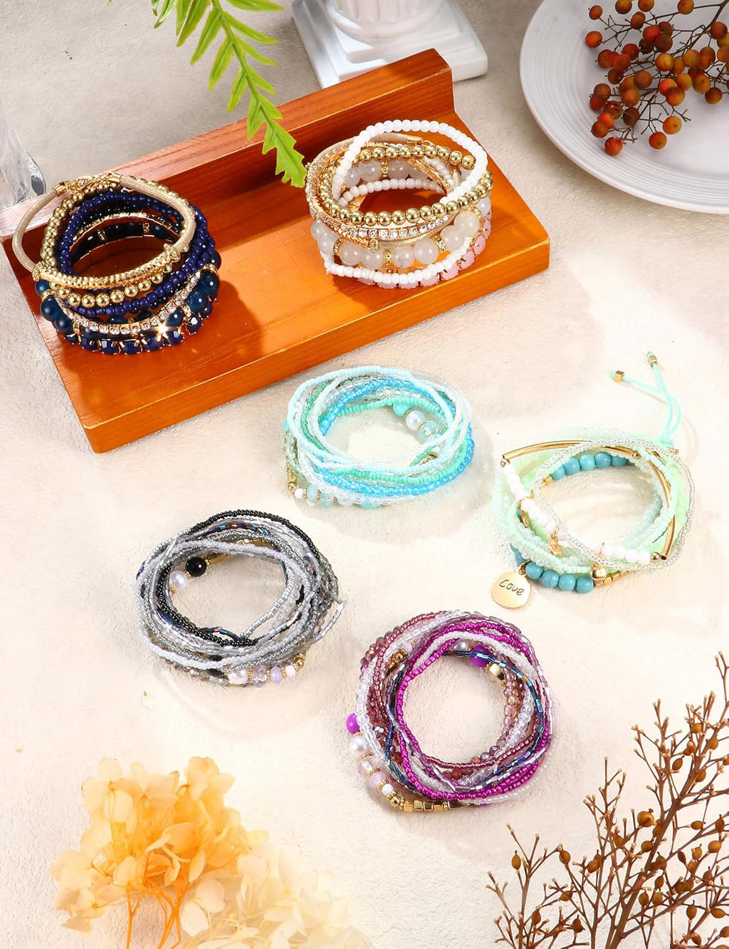 LOYALLOOK 6 Sets Bohemian Stackable Bead Bracelets for Women Stretch Bohemian Style Stretch Multilayered Boho Bracelet Set
