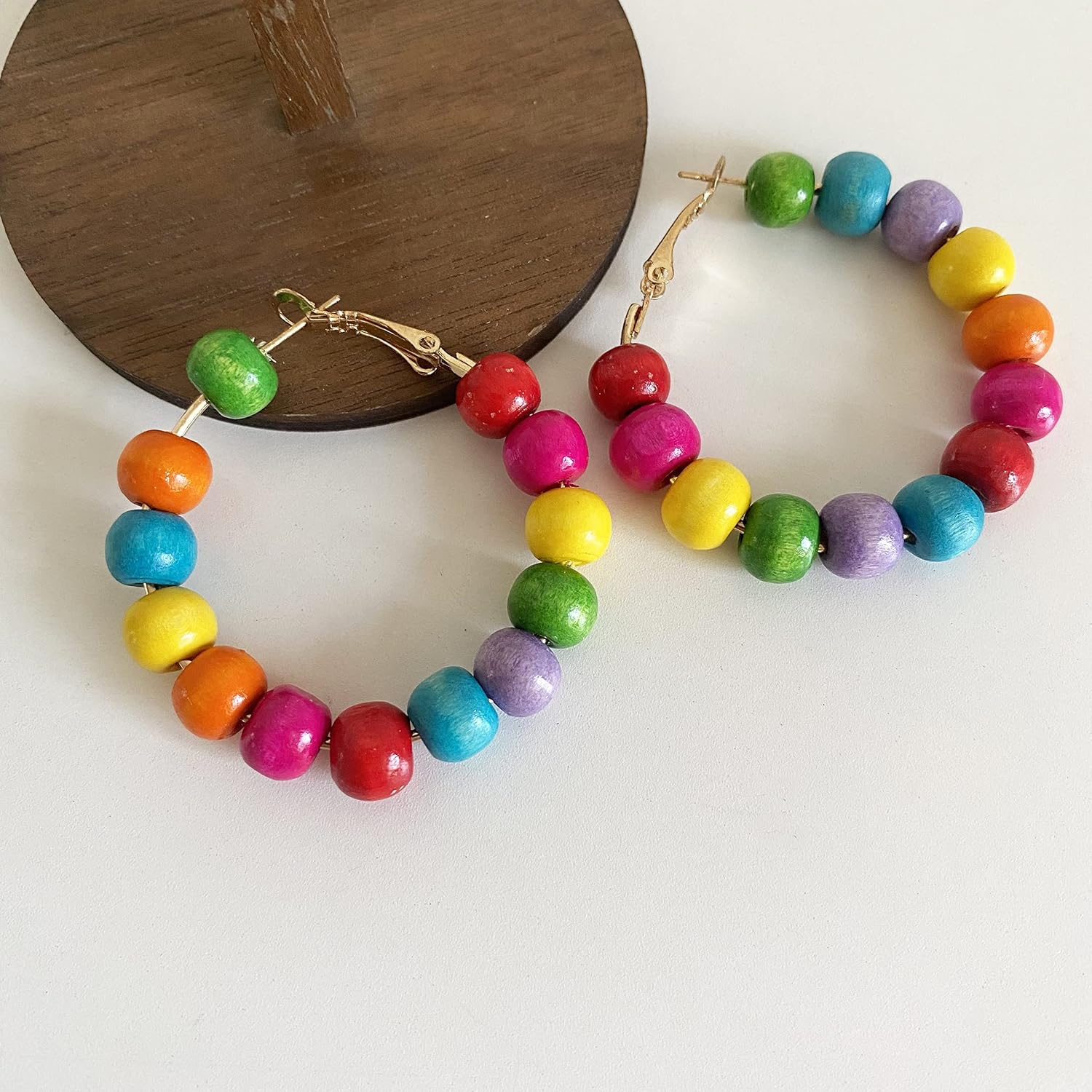 Handmade Nature Wooden Beaded Hoop Earrings Bohemian Minimalist Colorful Circle Round Wood Bead Earrings Vintage Chic Wooden Ethnic Dangle Drop Earrings for Women Statement Jewelry Gifts