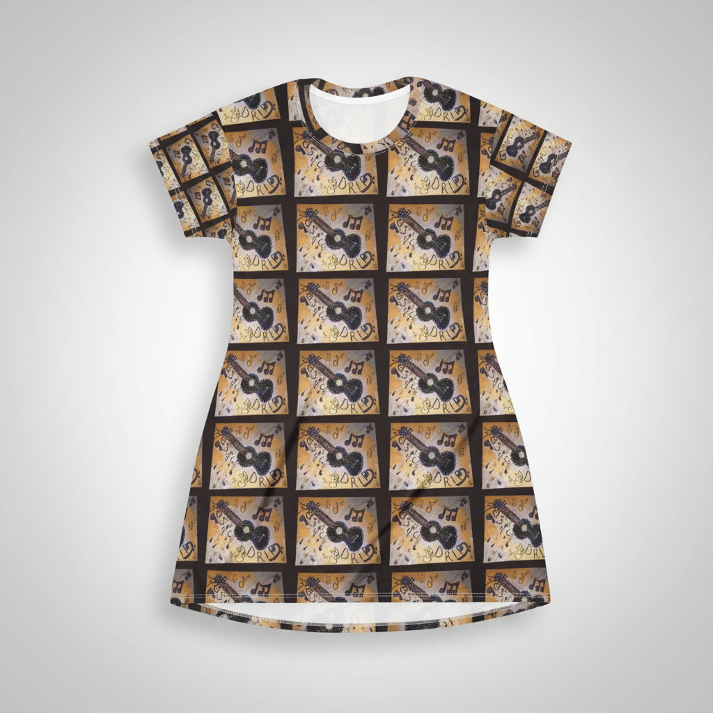 Retro Guitar Pattern T‑Shirt Dress — Vintage Music AOP Print