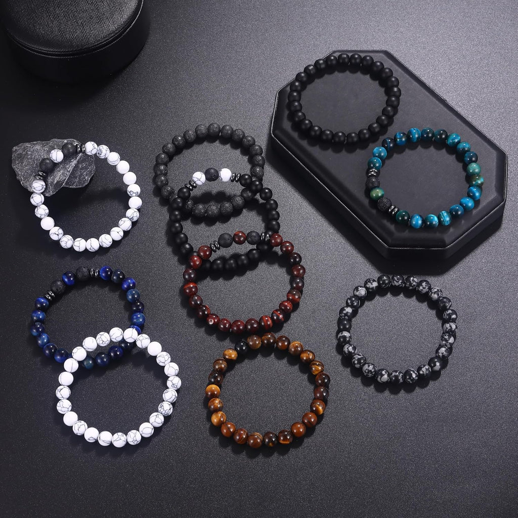 FIRAZIO 10 Pcs Tiger Eye Bracelet For Men 8MM Natural Stone Beads Bracelet Set Stretch Lava Rock Bracelets Adjustable Black Crystal Beaded Bracelet for Men Women Gifts