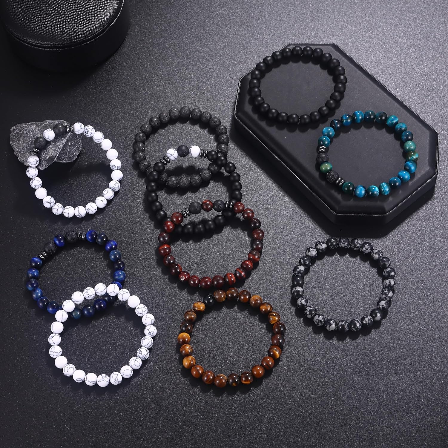 FIRAZIO 10 Pcs Tiger Eye Bracelet For Men 8MM Natural Stone Beads Bracelet Set Stretch Lava Rock Bracelets Adjustable Black Crystal Beaded Bracelet for Men Women Gifts