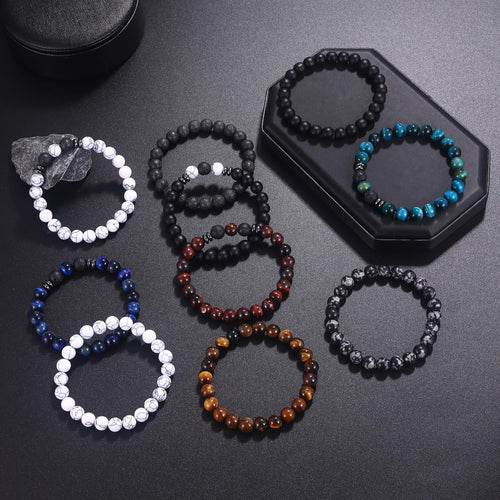 FIRAZIO 10 Pcs Tiger Eye Bracelet For Men 8MM Natural Stone Beads Bracelet Set Stretch Lava Rock Bracelets Adjustable Black Crystal Beaded Bracelet for Men Women Gifts